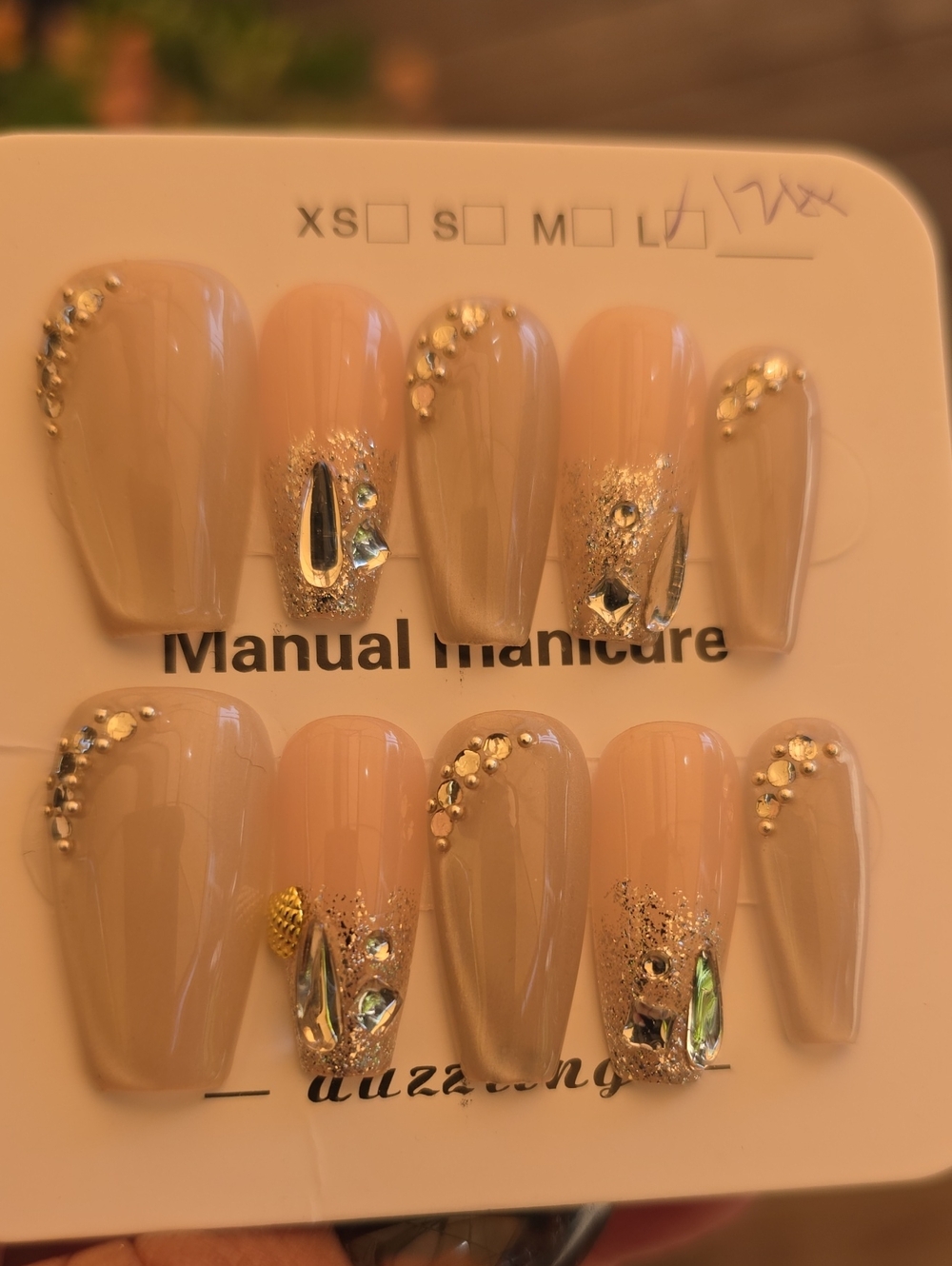 Nude Beige Rhinestone Press-On Nails - Elegant Women Makeup Nails Size Large